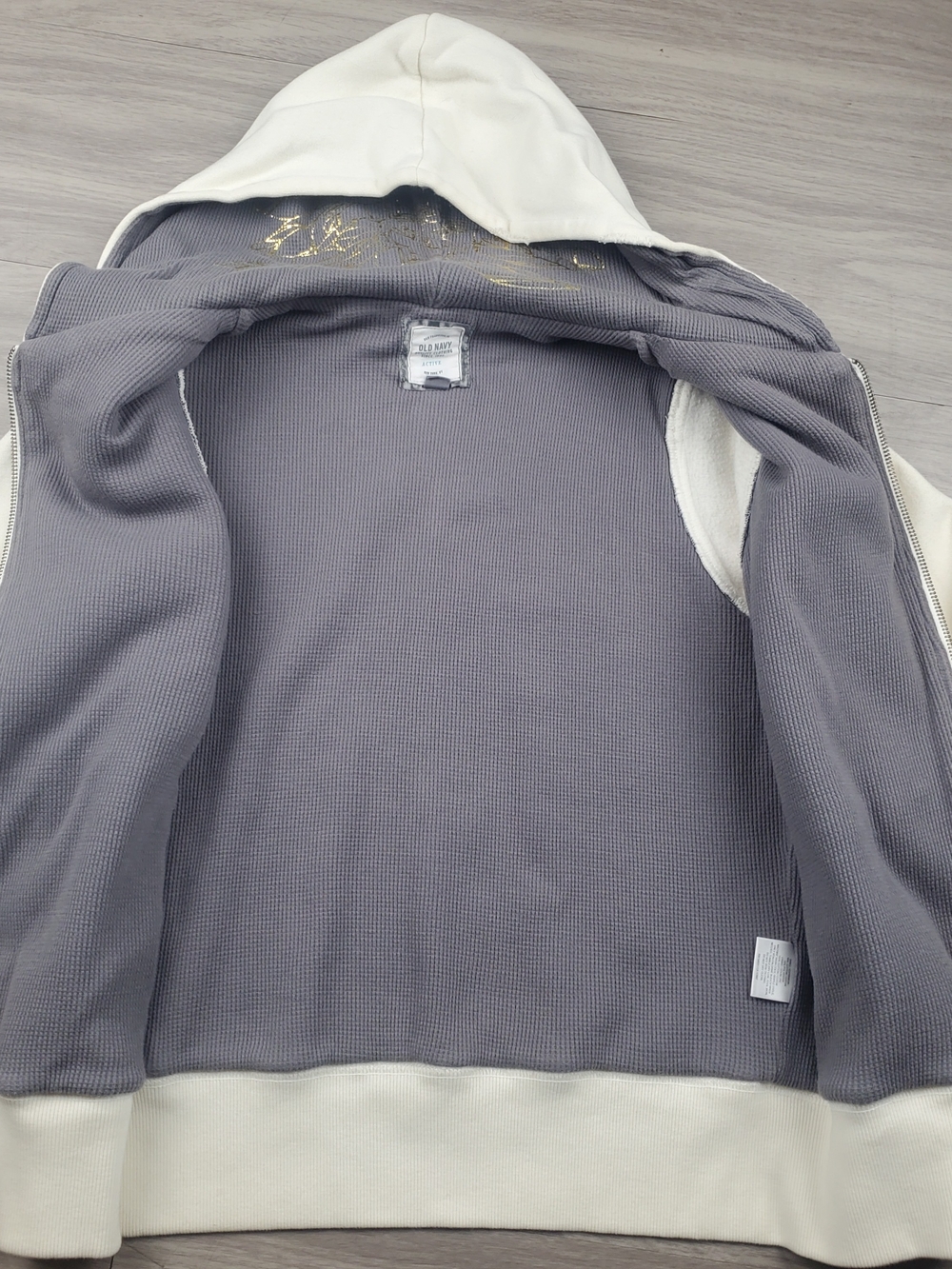 Old Navy Active Girls L Cream Full Zip Hooded Jacket Gray Lined - Picture 8 of 11